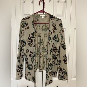 Garnet Hill 100% Merino‎ Wool Cardigan Sweater Size S Taupe Floral Open Front